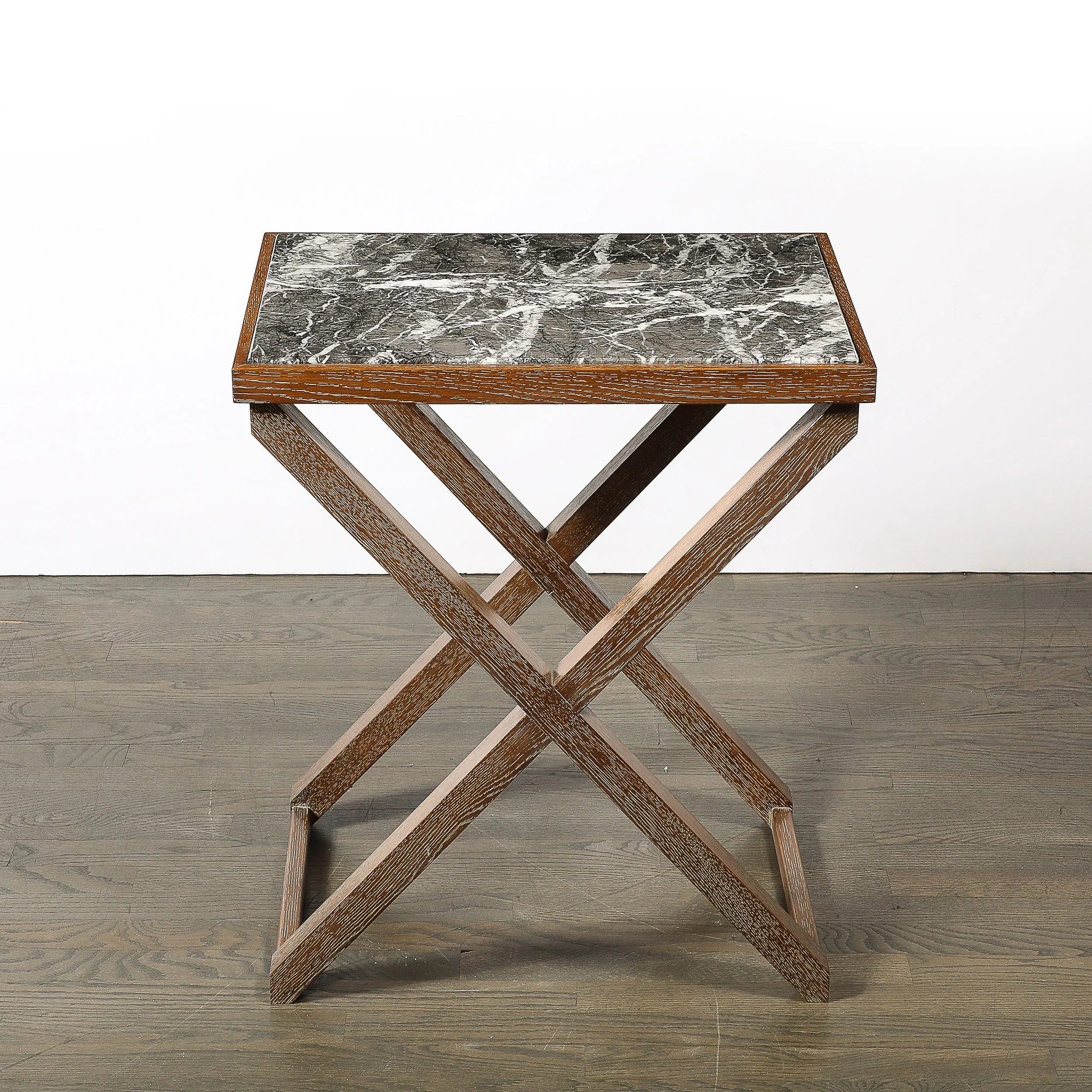 Modernist Oak X Base Side Table W/ Marble Inlayed Top by